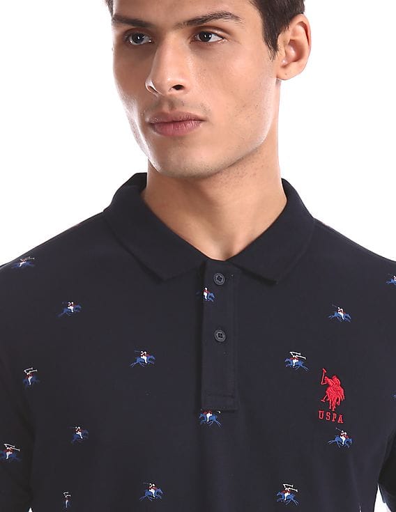 Men Blue Logo Print Pique Polo Shirt 