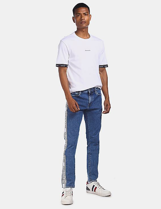 Buy Calvin Klein Men Blue Mid Rise Side Logo Tape Slim Fit Buy Calvin Klein Men Blue Mid Rise Side Logo Tape Slim Fit