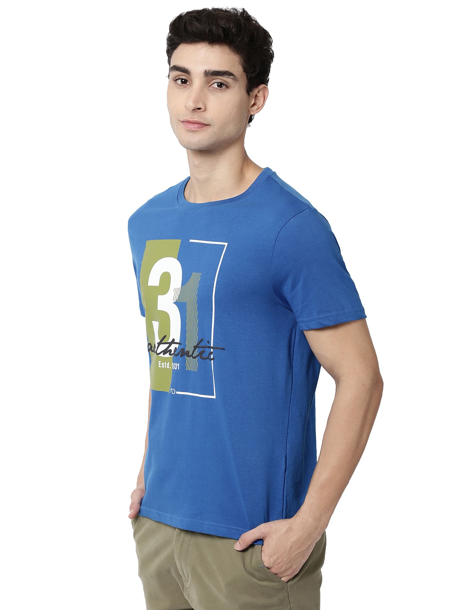 AD by Arvind Crew Neck Typographic Print Cotton T-Shirt