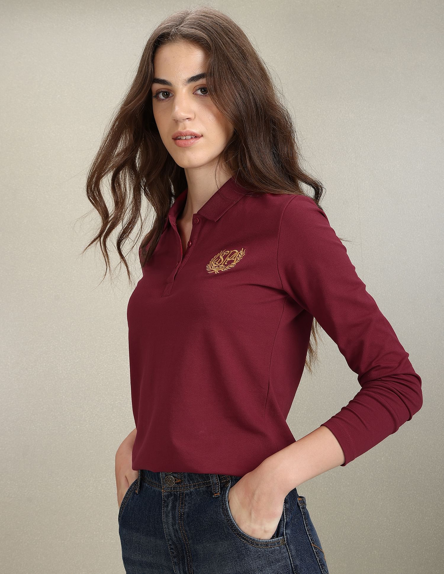 women's long sleeve red polo shirts