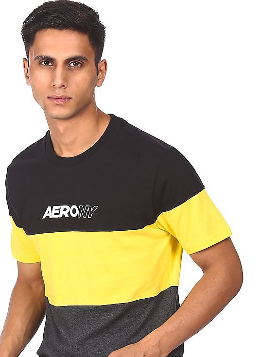 Aeropostale Men Black And Yellow Cotton Colour Block T-Shirt