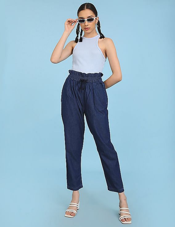 Flying Machine Women High Rise Paper Bag Waist Pleated Jeans