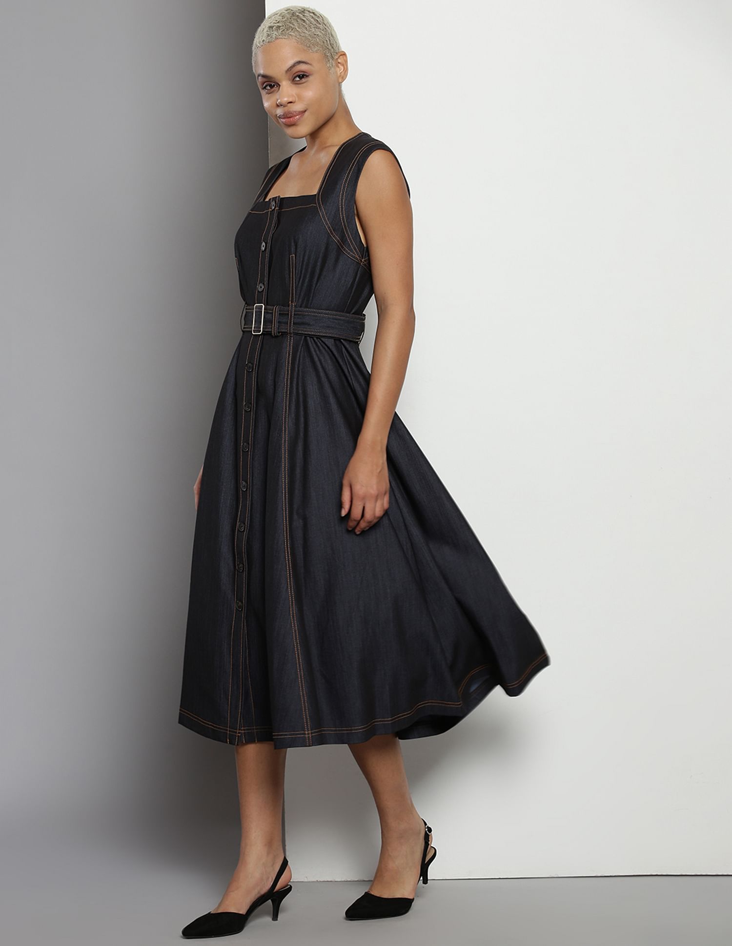 Calvin klein fit and flare black dress best sale