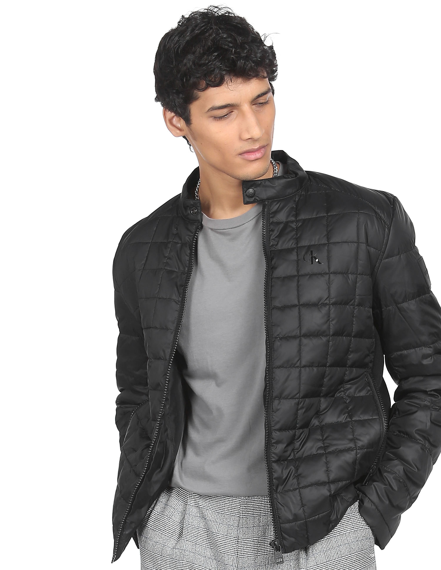 Buy Calvin Klein Men Black Stand Neck Full Zip Quilted Jacket 