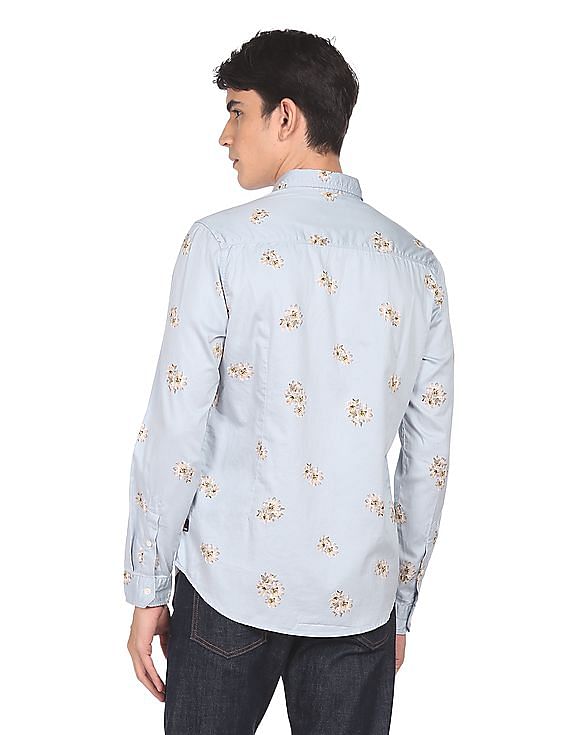 Flying Machine Spread Collar Floral Print Satin Shirt