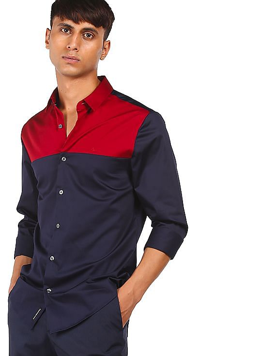 Buy Calvin Klein Men Red And Navy Spread Collar Colour Block Casual Shirt 