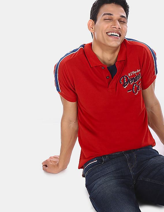 U.S. Polo Assn. Men Red Short Sleeve Brand Print Polo Shirt