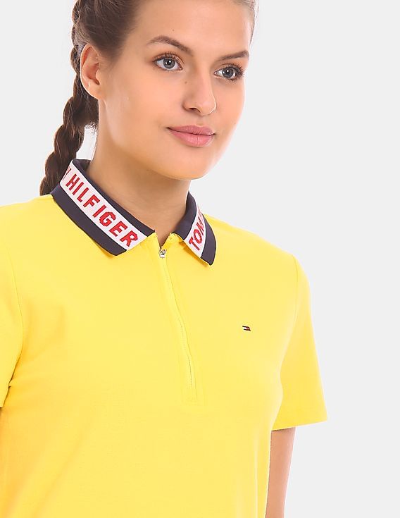 売れ筋商品|||トミーヒルフィガー カットソー トップス レディース Women's Crop Badge Short-Sleeve Polo Top Yellow Dahlia Tommy Hilfiger Short-sleeve tops for Women | Online Sale up