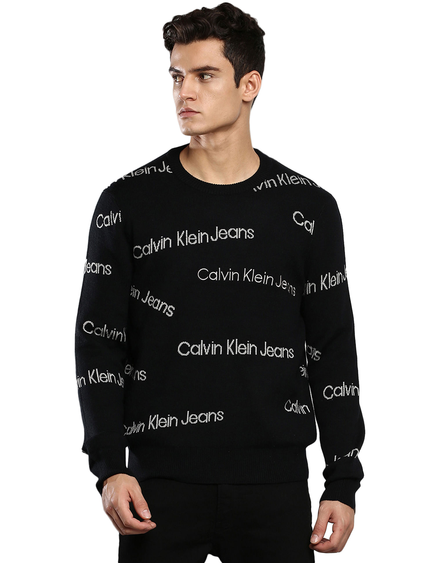 Buy Calvin Klein Men Black All Over Institutional Logo Sweater 