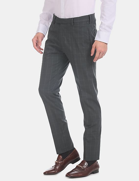 USPA Tailored Grey Slim Fit Check Formal Trousers
