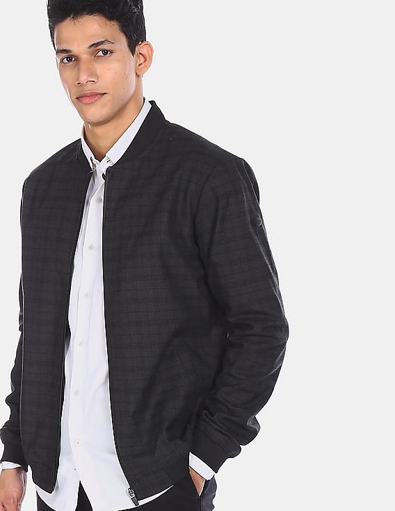 black bomber jacket with checkered inside