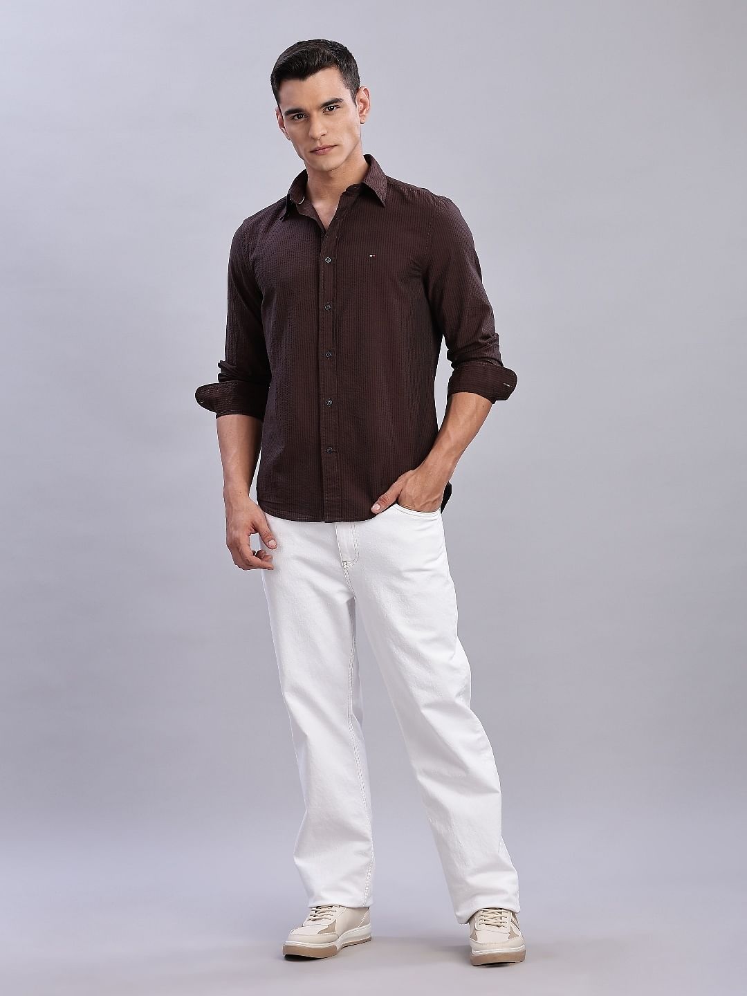 Tommy Hilfiger Striped Regular Fit Plain Woven Shirt