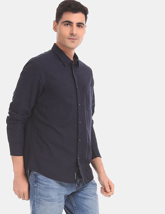 Buy Calvin Klein Men Navy Slim Fit Long Sleeve Linen Cotton