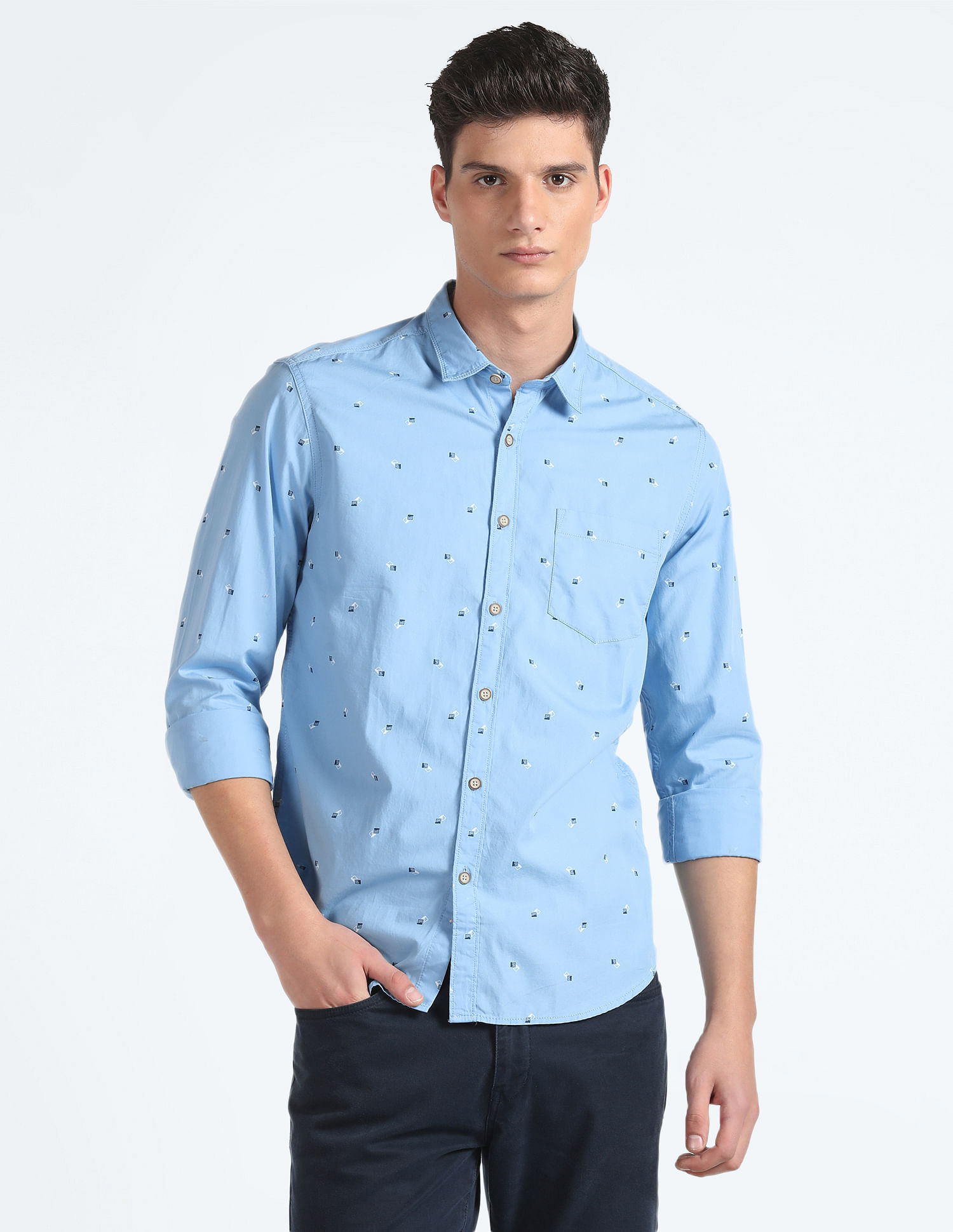 Flying Machine Spread Collar Geometric Print Shirt