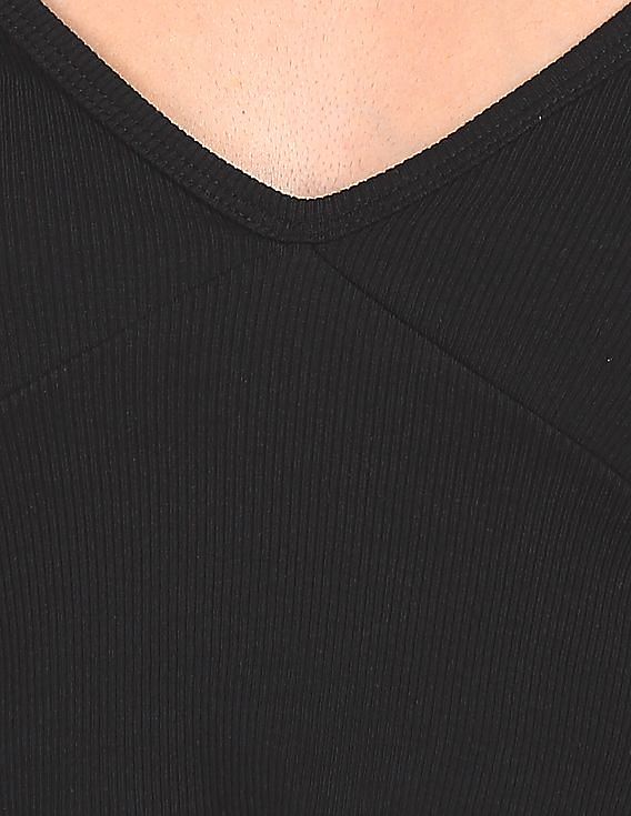 Calvin Klein Women Black V-Neck Ribbed Crop Top