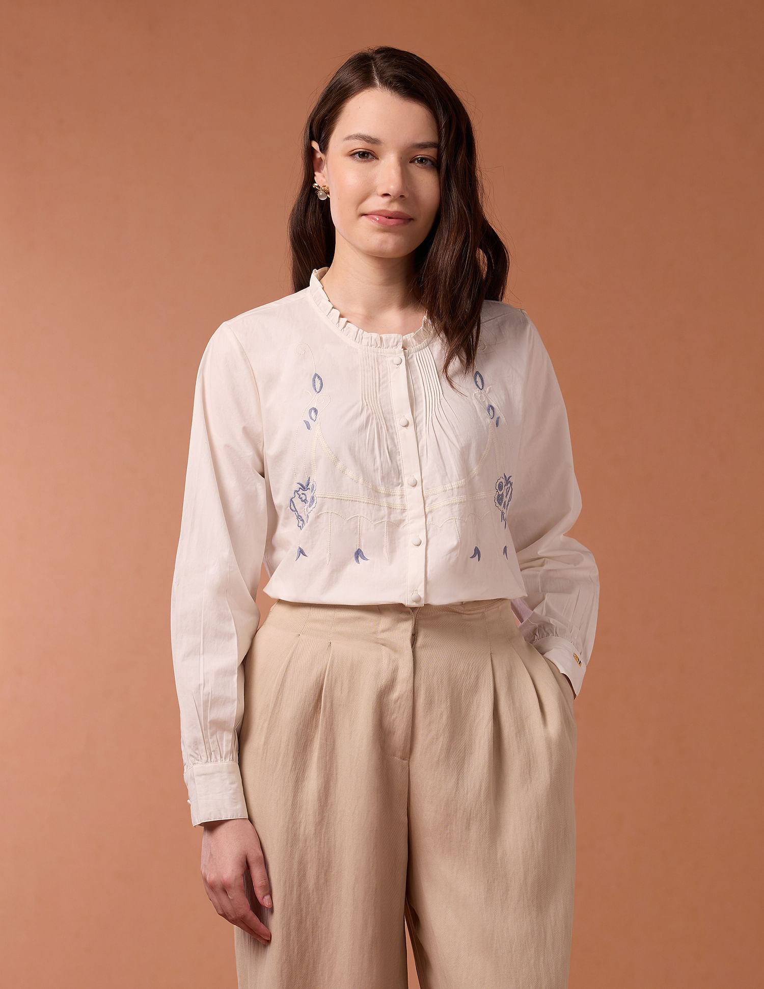 U.S. Polo Assn. Women Embroidered Pin Tucked Poplin Top