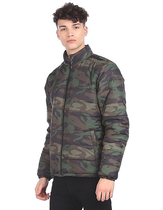 Aeropostale Men Olive High Neck Camouflage Print Puffer Jacket