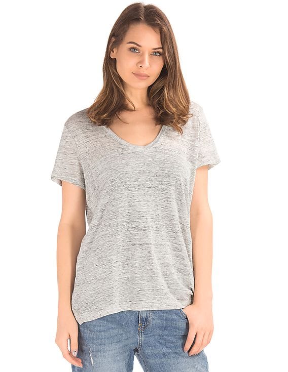 Buy GAP Women Grey Linen V-Neck Tee 