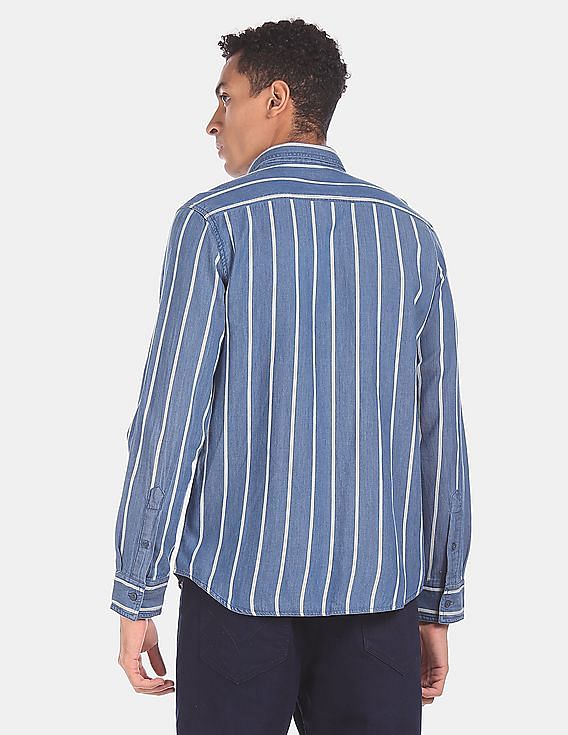 Buy Flying Machine Men Indigo Long Sleeve Striped Shirt - NNNOW.com