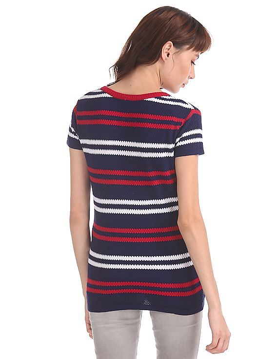 U.S. Polo Assn. Women Blue Patterned Stripe Knit Top