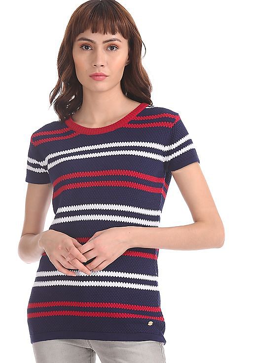 U.S. Polo Assn. Women Blue Patterned Stripe Knit Top