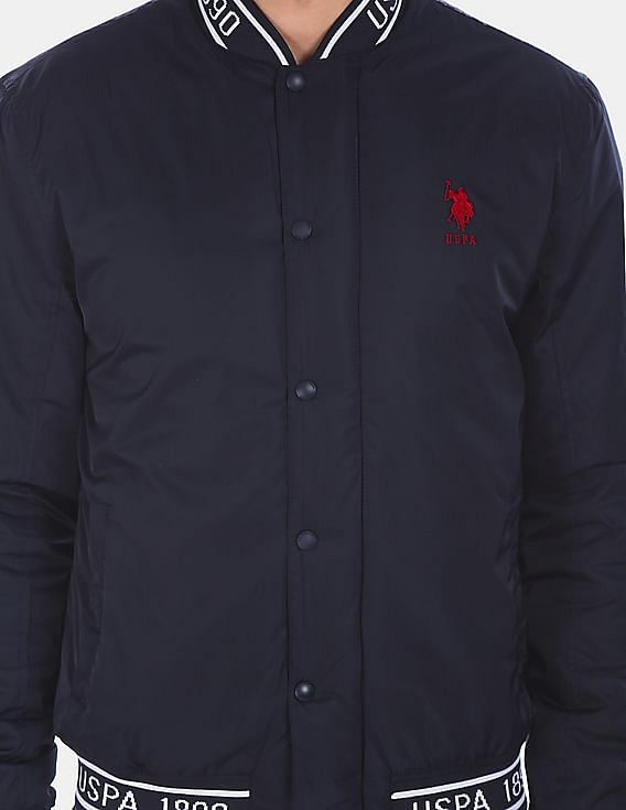 U.S. Polo Assn. Men Navy Stand Collar Brand Printed Bomber Jacket
