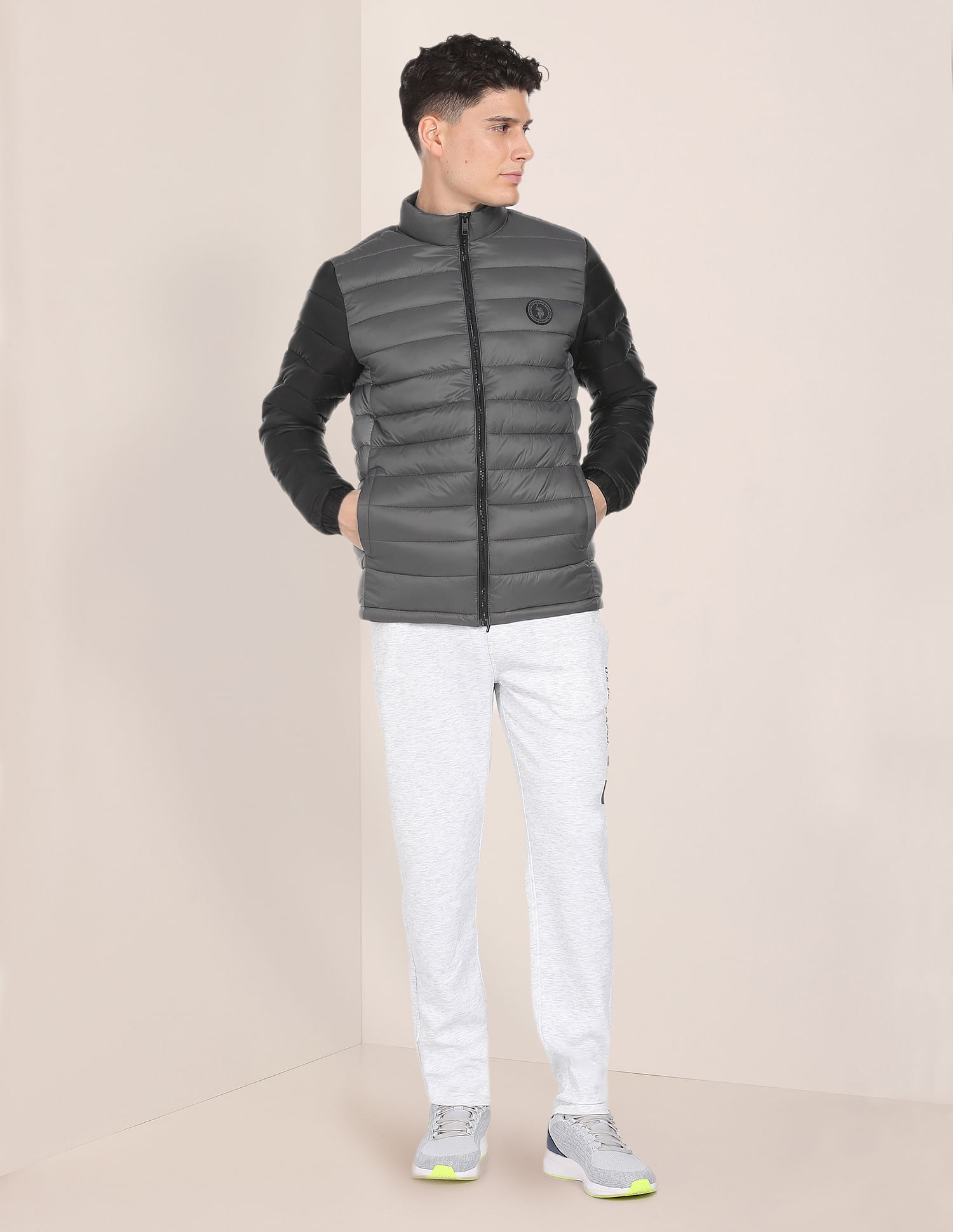 U.S. Polo Assn. High Neck Colour Block Puffer Jacket, Grey (S)