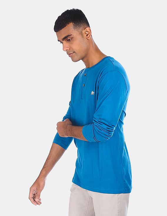Aeropostale Men Blue Long Sleeve Cotton Solid Henley T-Shirt