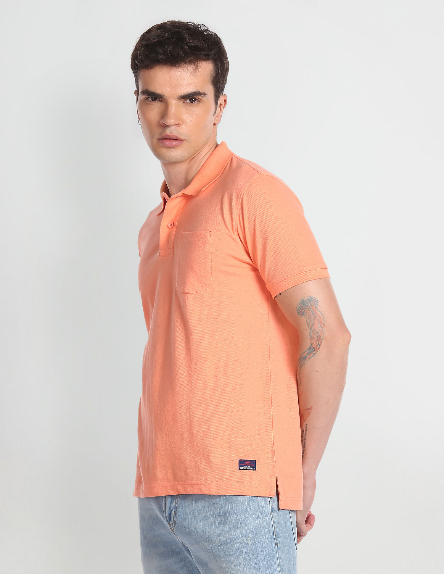 Flying Machine Solid One Pocket Polo Shirt