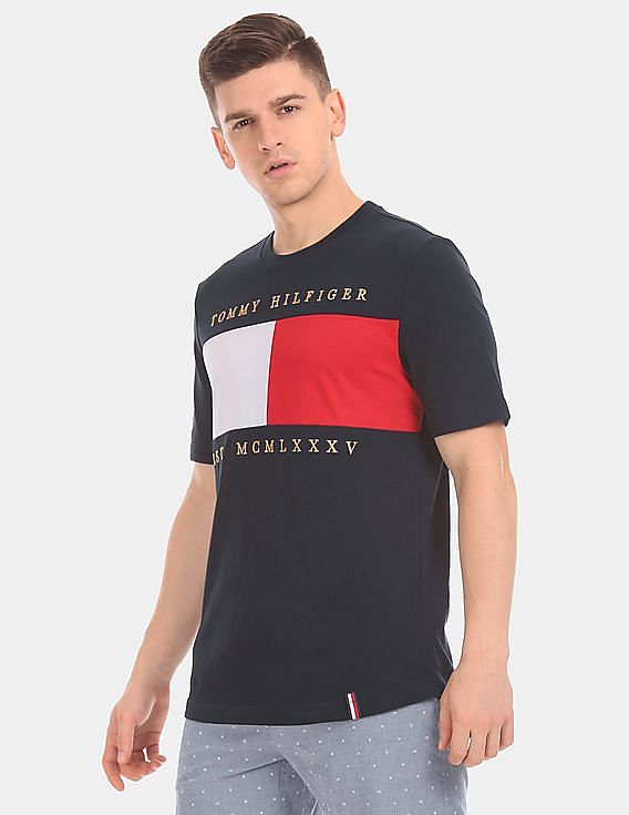 Buy Tommy Fit Navy T-Shirt Flag Regular Men Hilfiger Logo Embroidered