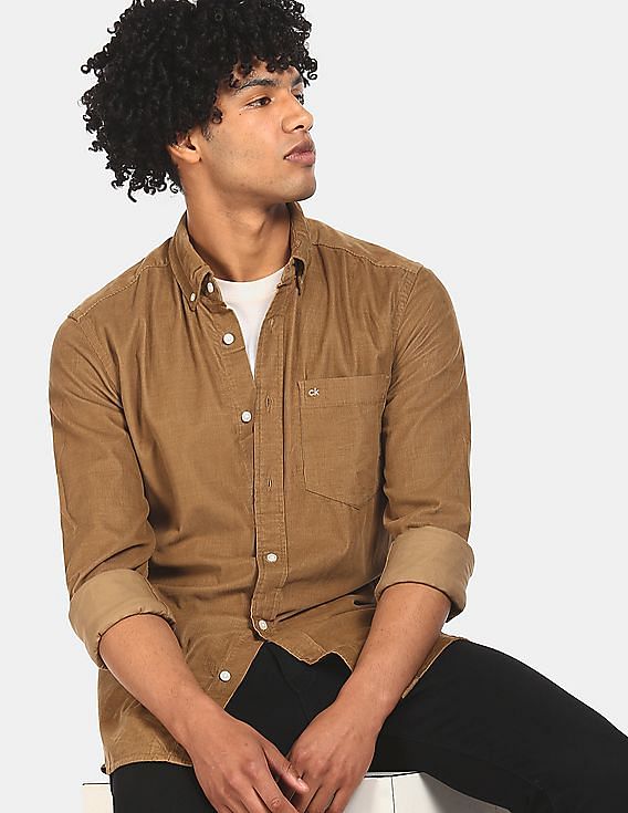 Buy Calvin Klein Men Brown Button-Down Collar Solid Fine Corduroy Shirt -  