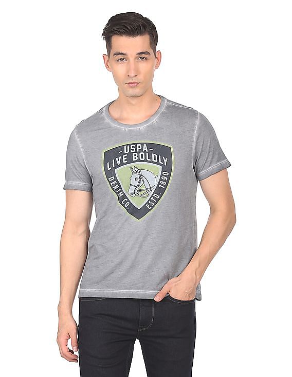 U.S. Polo Assn. Denim Co. Men Grey Cotton Faded Graphic Print T-Shirt