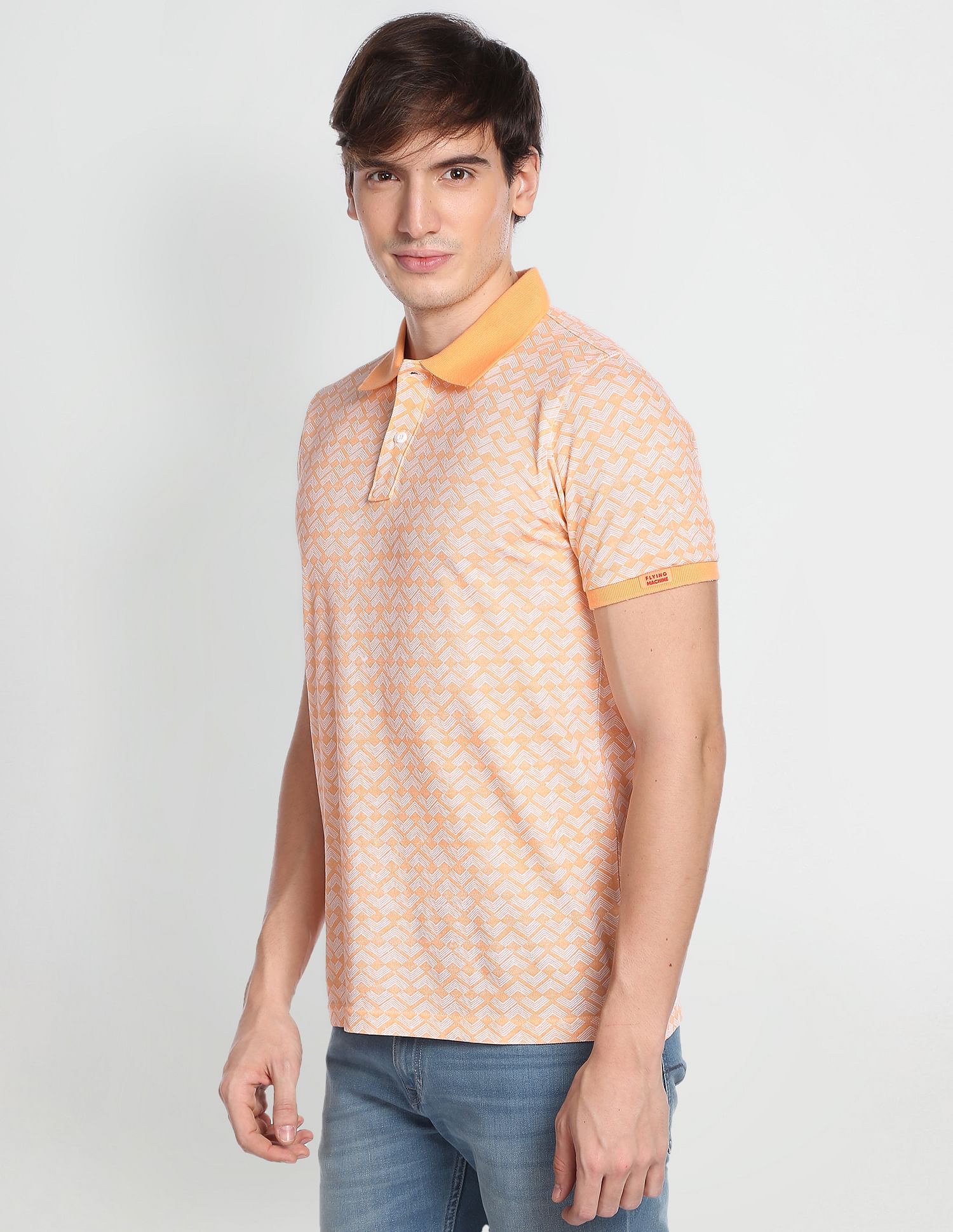 Flying Machine Geometric Print Cotton Polo Shirt