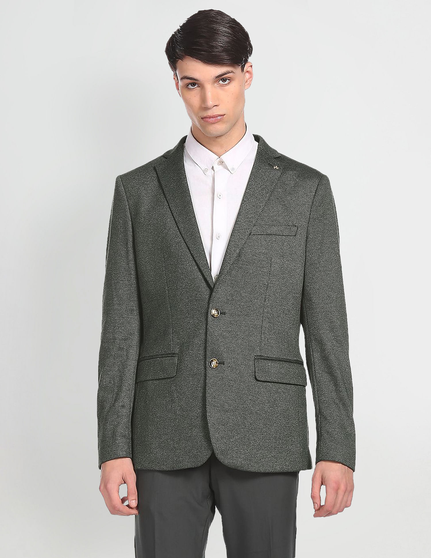 Arrow Men Olive Grey Single Breasted Patterned Knit Blazer, Green (42)