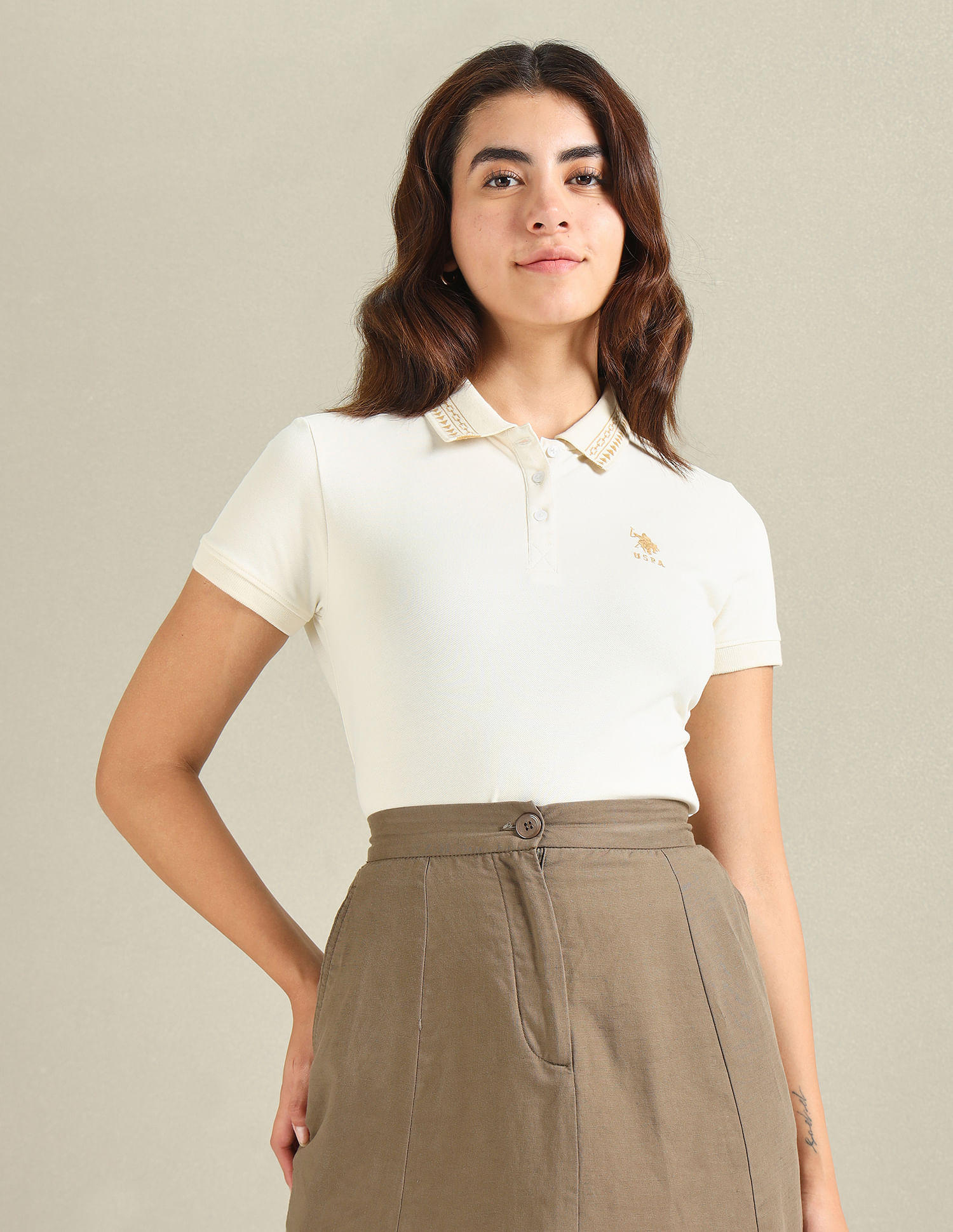 U.S. Polo Assn. Women Geometric Detail Pique Polo Shirt