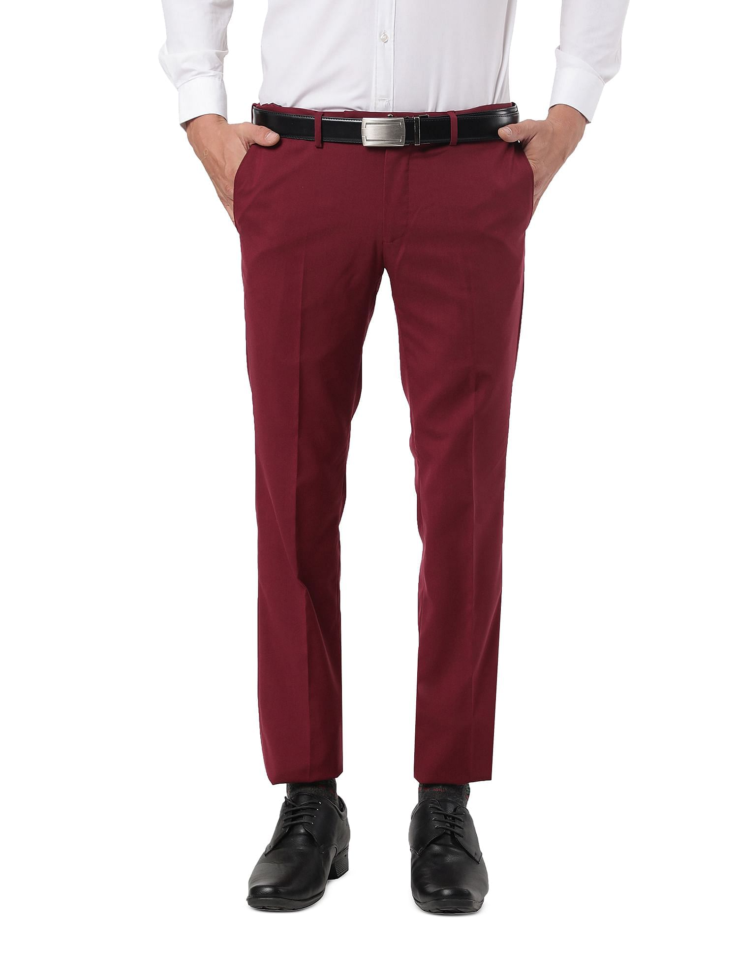 Mens Maroon Solid Formal Trousers