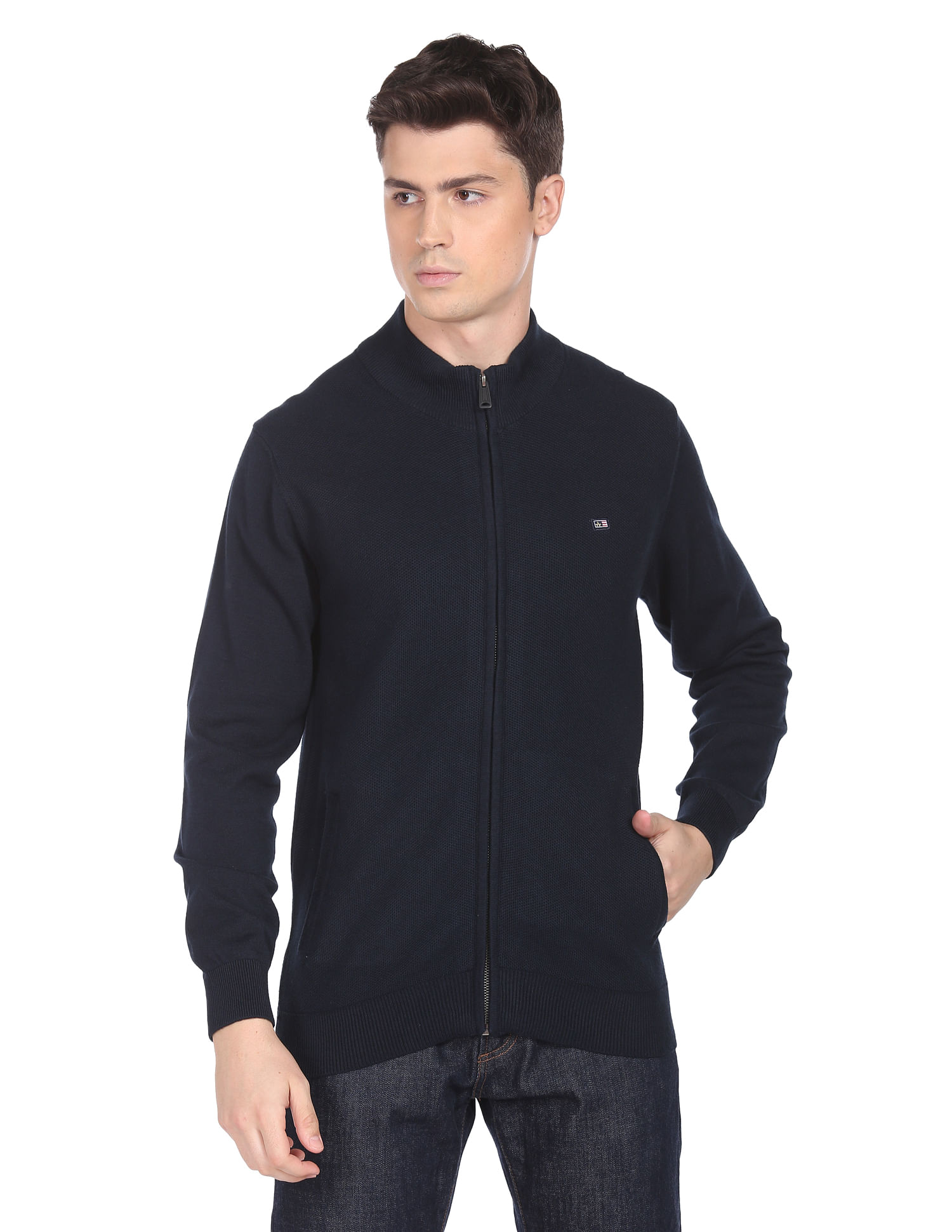 Arrow Sports High Neck Patterned Knit Sweater