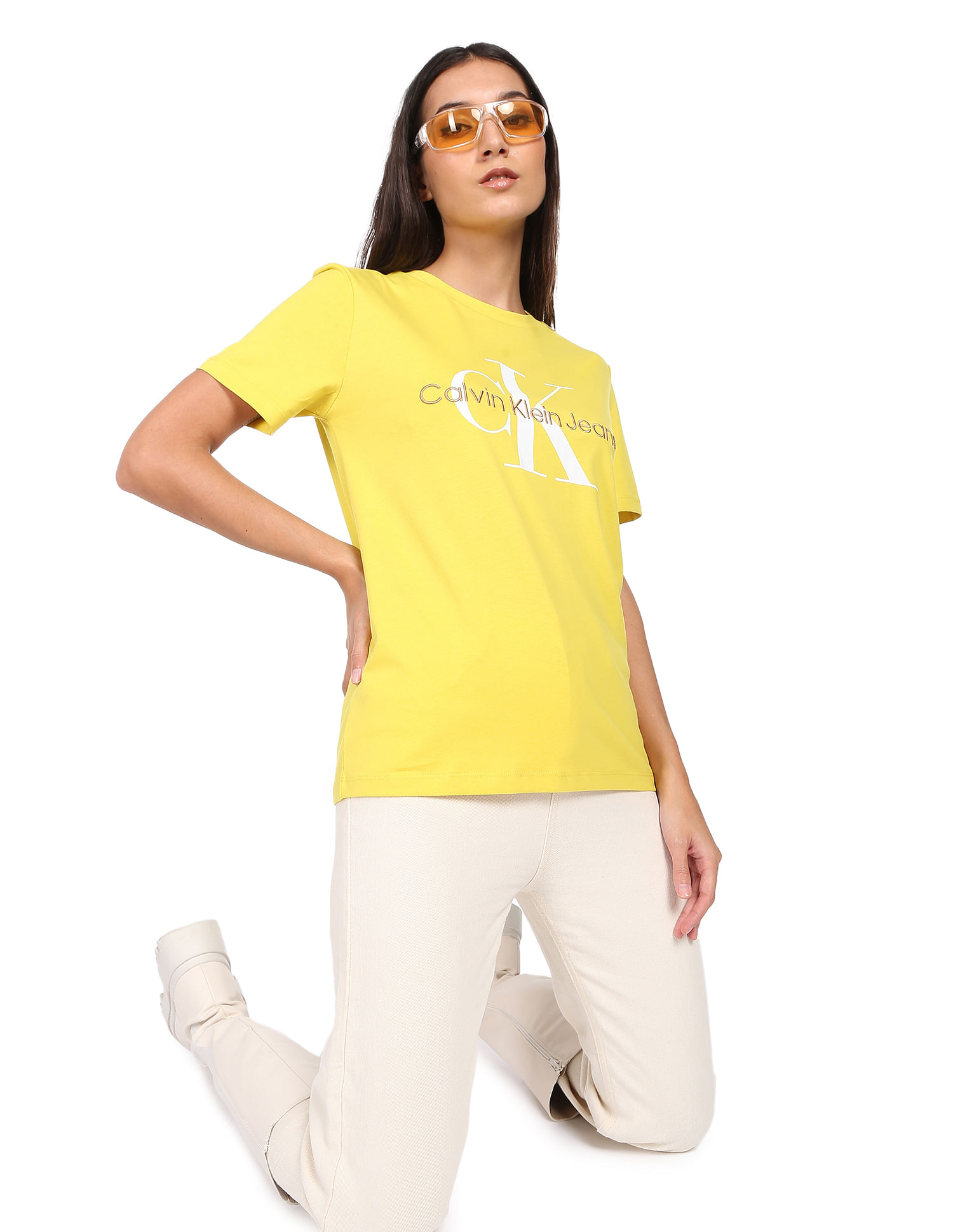 Buy Calvin Klein Women Yellow Crew Neck Brand Monogram Print T Shirt NNNOW