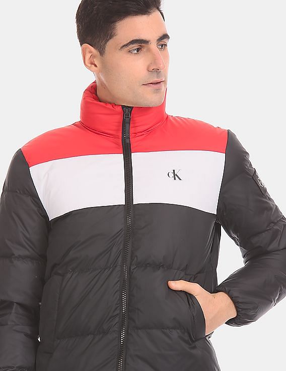 Buy Calvin Klein Men Black And Red Colour Block Down Puffer Jacket -  