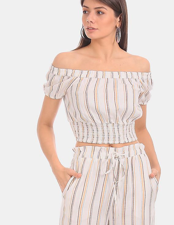 Aeropostale Women Cream Striped Off-Shoulder Crop Top