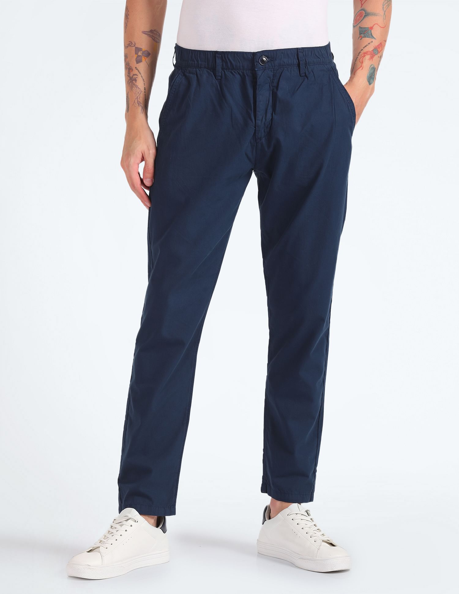 Flying Machine Elasticised Waist Solid Trousers