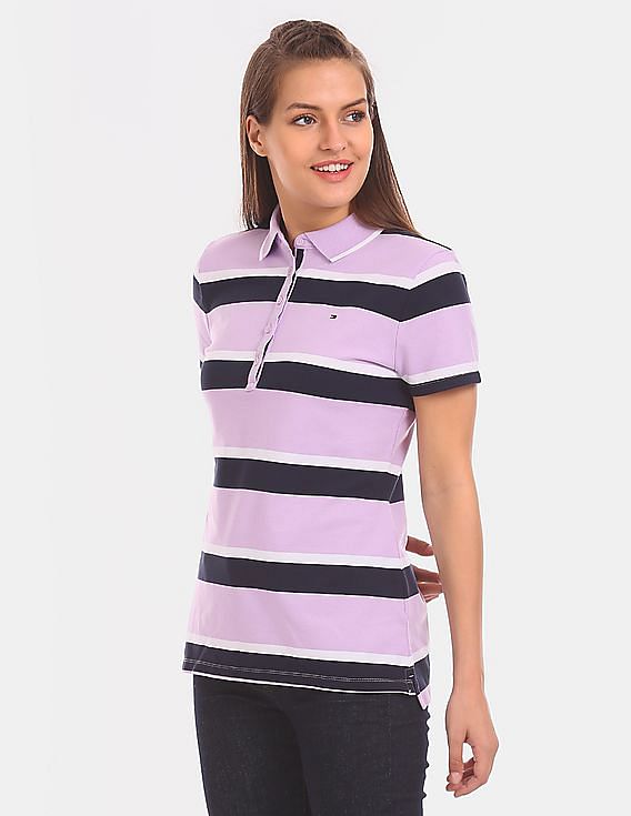 Buy Tommy Hilfiger Women Purple Heritage Snap 3 Colour Striped Polo Shirt NNNOW