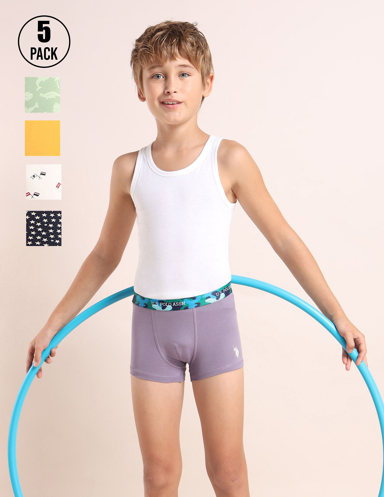 USPA Innerwear Boys Mid Rise Cotton Spandex Trunks - Pack Of 5