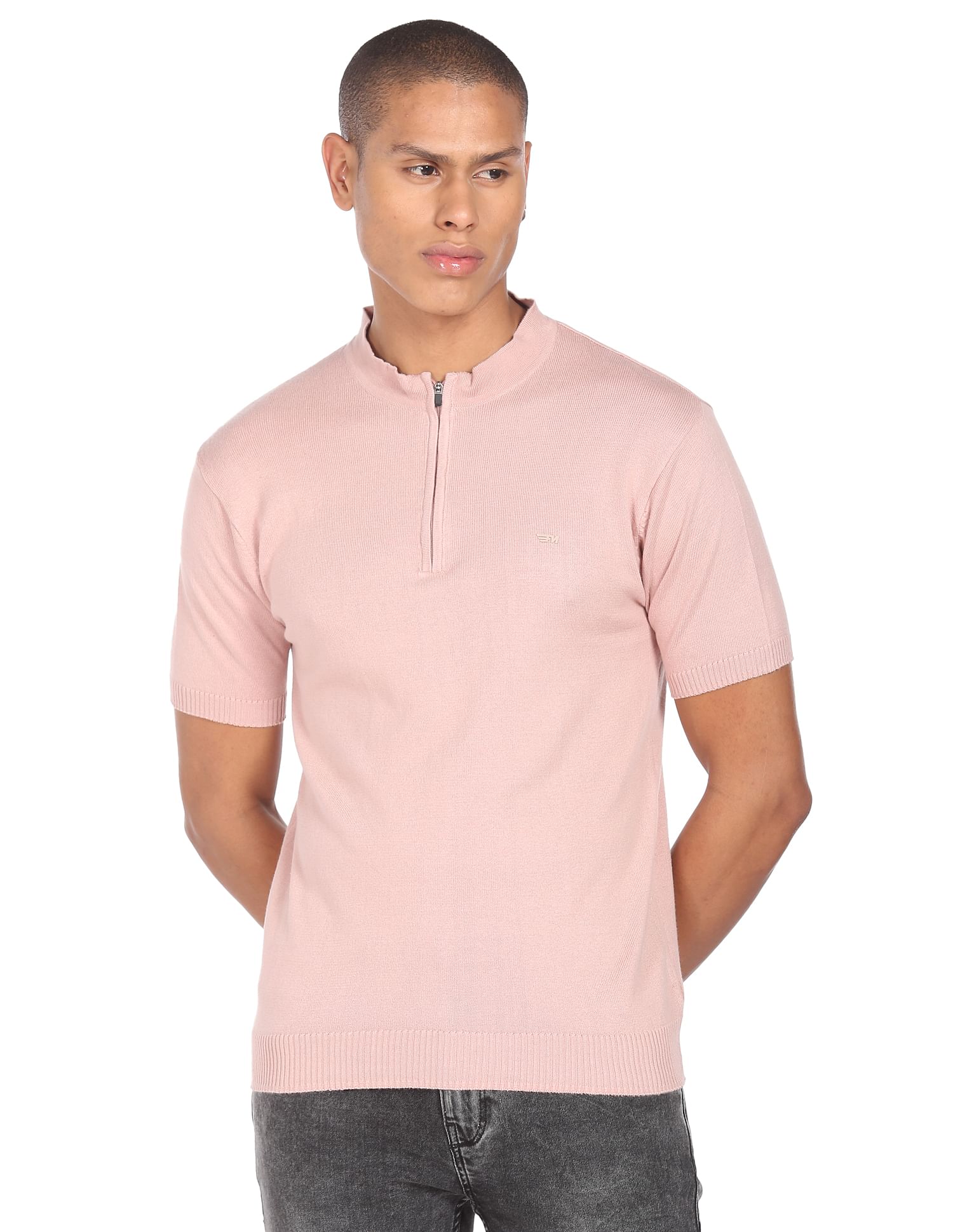 Flying Machine Mock Neck Solid T-Shirt