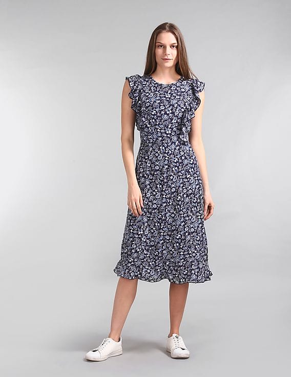 Buy GAP Women Blue Floral Print Ruffle Trim Dress - NNNOW.com