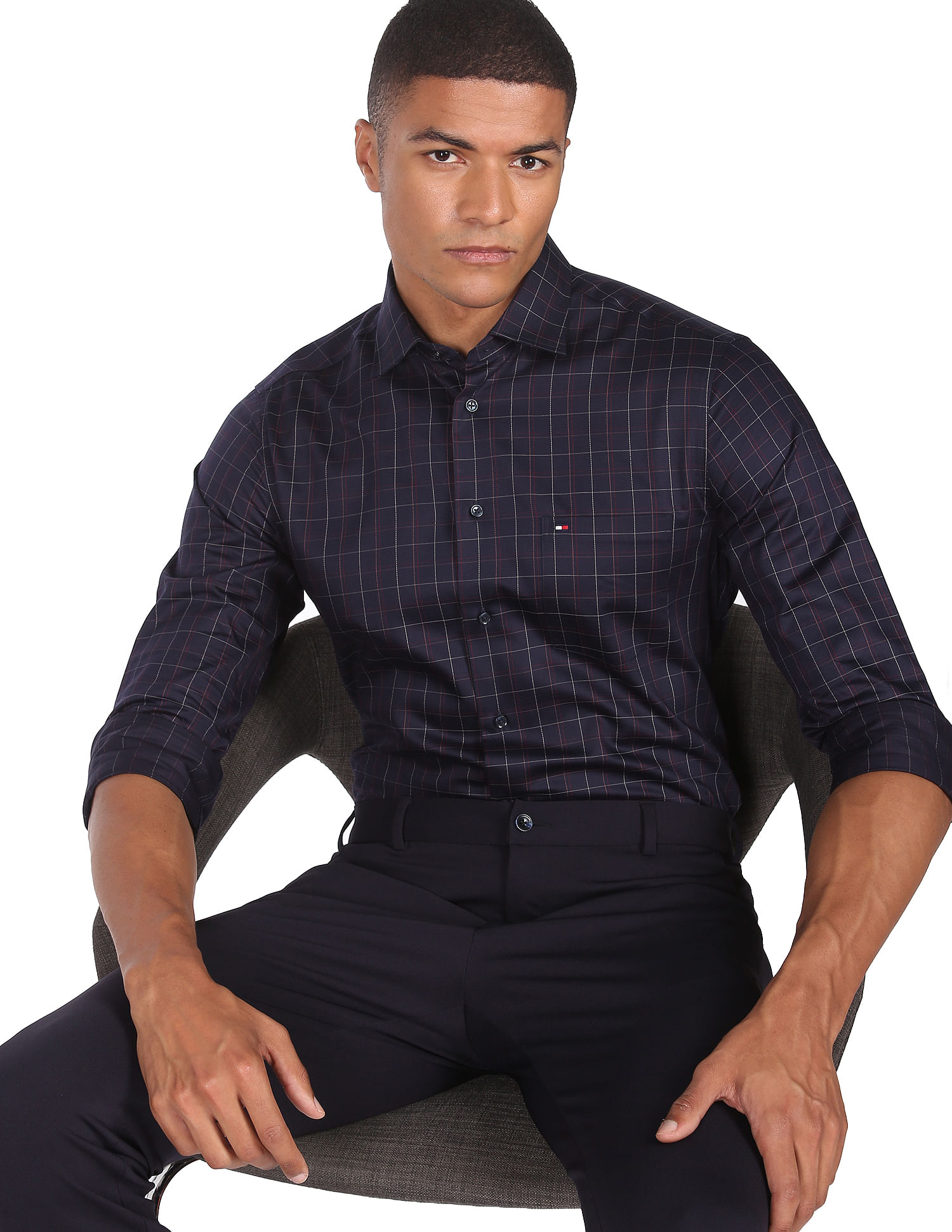 Buy Tommy Hilfiger Men Navy Flex Satin Weave Check Cotton Formal Shirt -  NNNOW.com