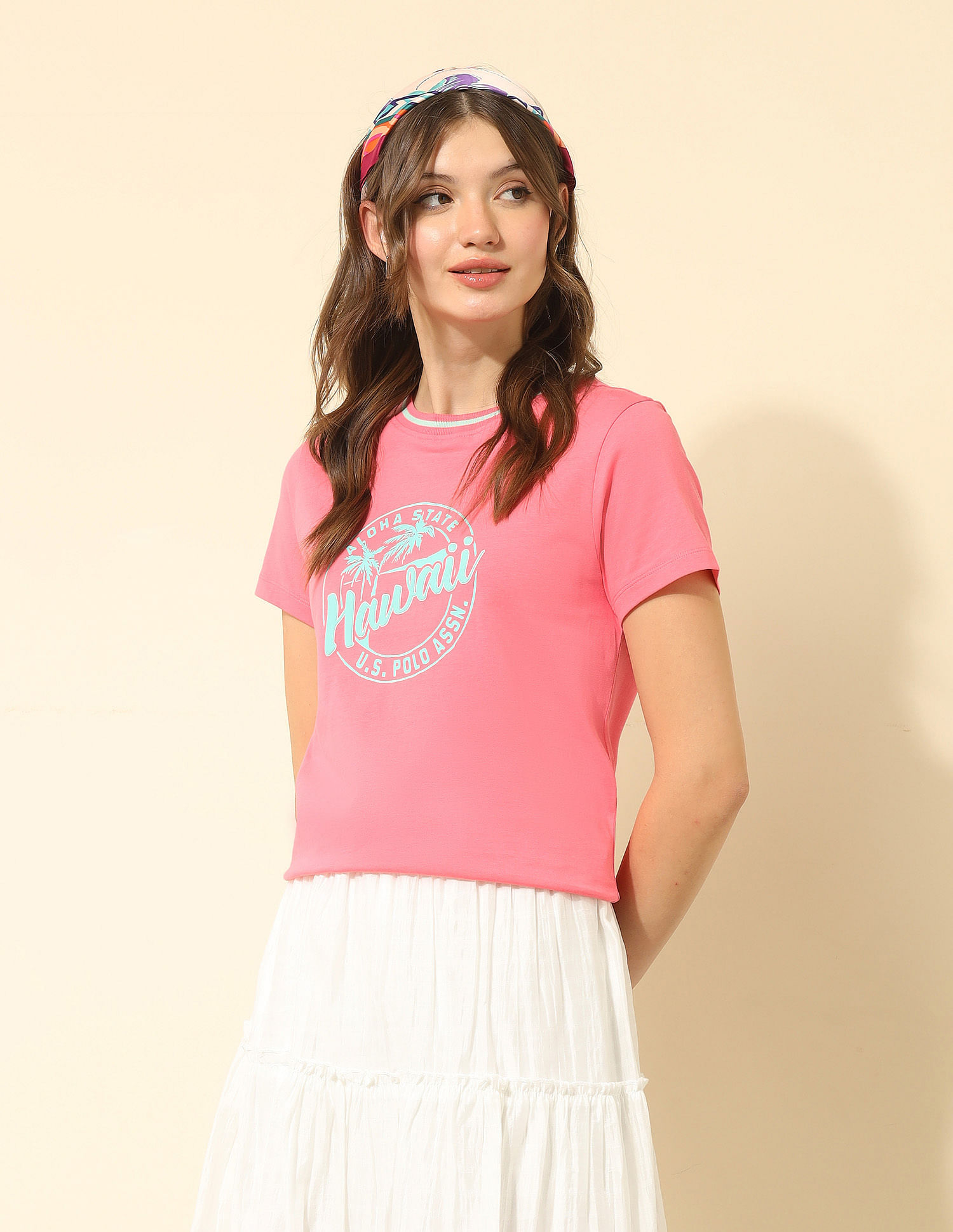 U.S. Polo Assn. Women Regular Fit Brand Printed T-Shirt