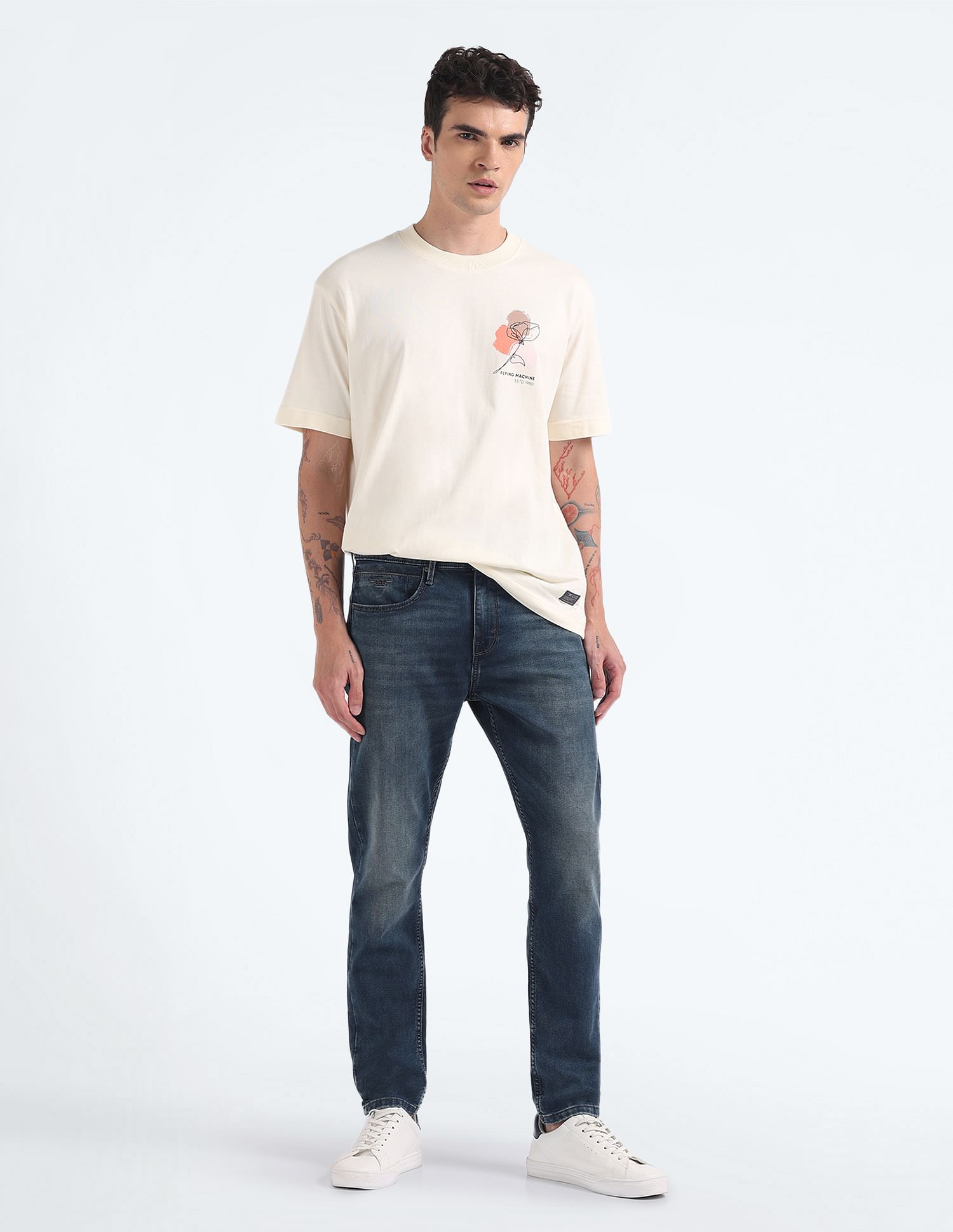 Flying Machine Mid Rise Slash Slim Tapered Jeans