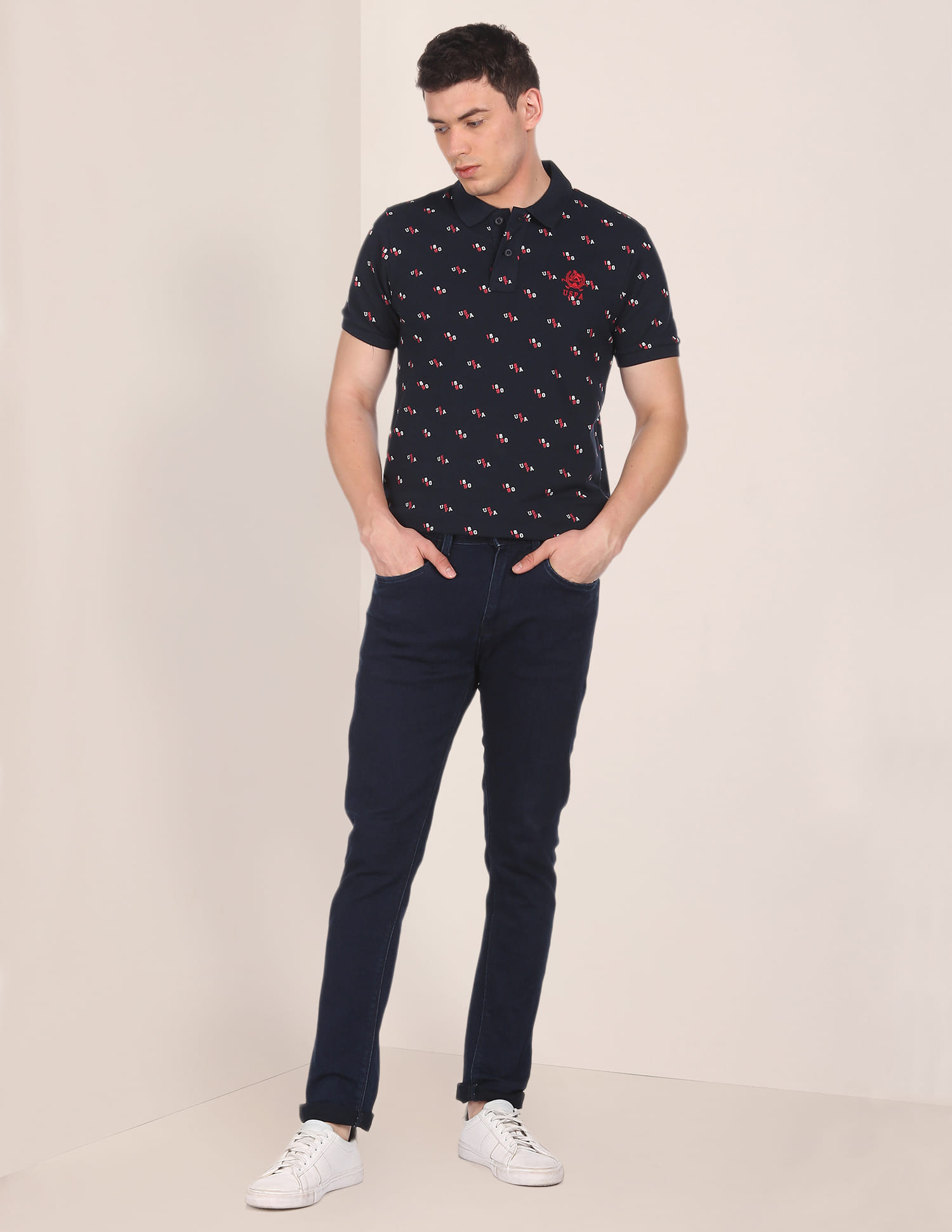 Buy Polo Men Navy Brand Print Pique Polo Shirt