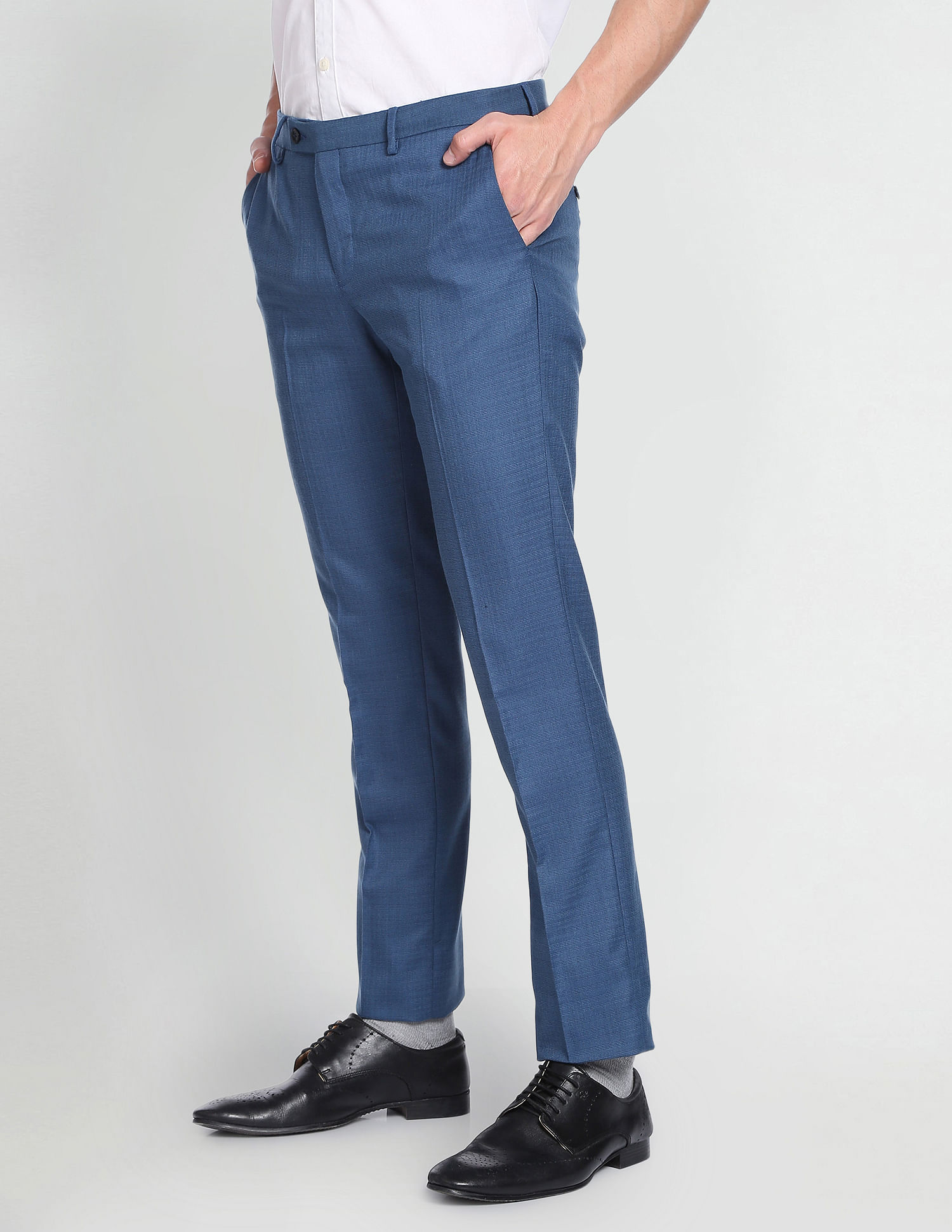 Buy Arrow Men Dark Blue Hudson Tailored Fit Auto Flex Formal Trousers Online